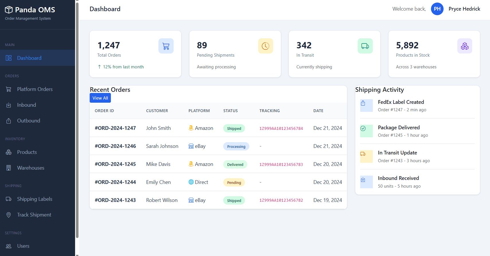 Panda International Order Management System — screenshot